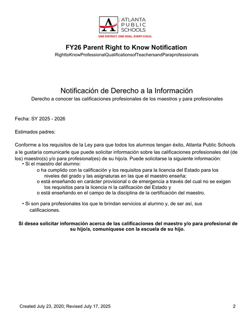 FY 26 Parent Right to Know Notification